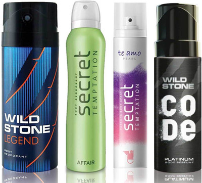 

Wild Stone Legend Deodorant (150 ml), Code Platinum Body Perfume(120 ml) and ST Affair Deodorant (150 ml), Te Amo Pearl Body Perfume (120 ml), Pack of 4 Perfume Body Spray - For Men & Women(540 ml, Pack of 4)