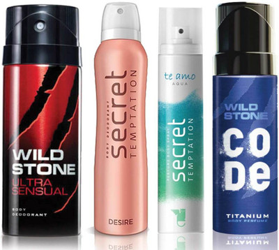 

Wild Stone Ultra Sensual Deodorant (150 ml), Code Titanium Body Perfume(120 ml) and ST Desire Deodorant (150 ml), Te Amo Aqua Body Perfume (120 ml), Pack of 4 Perfume Body Spray - For Men & Women(540 ml, Pack of 4)