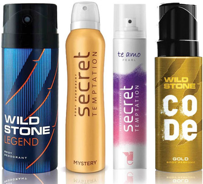 

Wild Stone Legend Deodorant (150 ml), Code Gold Body Perfume(120 ml) and ST Mystery Deodorant (150 ml), Te Amo Pearl Body Perfume (120 ml), Pack of 4 Perfume Body Spray - For Men & Women(540 ml, Pack of 4)