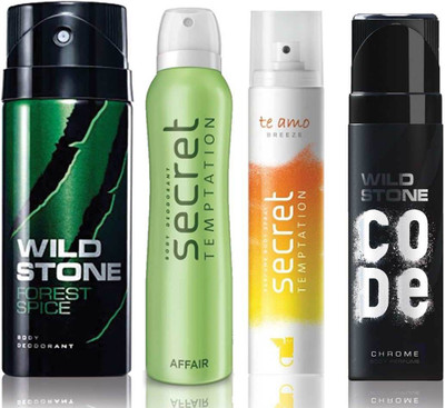 

Wild Stone Forest Spice Deodorant (150 ml), Code Chrome Body Perfume(120 ml) and ST Affair Deodorant (150 ml), Te Amo Breeze Body Perfume (120 ml), Pack of 4 Perfume Body Spray - For Men & Women(540 ml, Pack of 4)