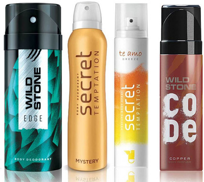

Wild Stone Edge Deodorant (150 ml), Code Copper Perfume(120 ml) and ST Mystery Deodorant (150 ml), Te Amo Breeze Body Perfume (120 ml), Pack of 4 Perfume Body Spray - For Men & Women(540 ml, Pack of 4)