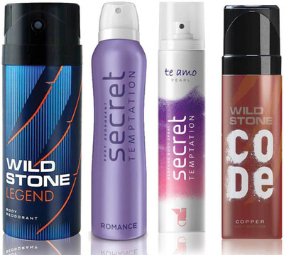 

Wild Stone Legend Deodorant (150 ml), Code Copper Perfume(120 ml) and ST Romance Deodorant (150 ml), Te Amo Pearl Body Perfume (120 ml), Pack of 4 Perfume Body Spray - For Men & Women(540 ml, Pack of 4)