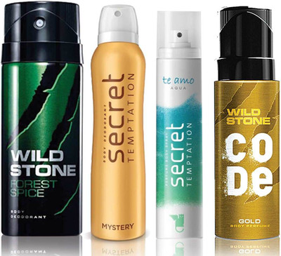 

Wild Stone Forest Spice Deodorant (150 ml), Code Gold Body Perfume(120 ml) and ST Mystery Deodorant (150 ml), Te Amo Aqua Body Perfume (120 ml), Pack of 4 Perfume Body Spray - For Men & Women(540 ml, Pack of 4)