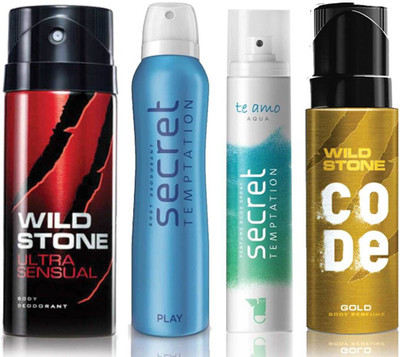

Wild Stone Ultra Sensual Deodorant (150 ml), Code Gold Body Perfume(120 ml) and ST Play Deodorant (150 ml), Te Amo Aqua Body Perfume (120 ml), Pack of 4 Perfume Body Spray - For Men & Women(540 ml, Pack of 4)