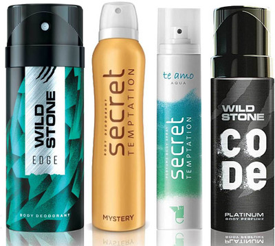

Wild Stone Edge Deodorant (150 ml), Code Platinum Body Perfume(120 ml) and ST Mystery Deodorant (150 ml), Te Amo Aqua Body Perfume (120 ml), Pack of 4 Perfume Body Spray - For Men & Women(540 ml, Pack of 4)