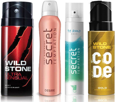 

Wild Stone Ultra Sensual Deodorant (150 ml), Code Gold Body Perfume(120 ml) and ST Desire Deodorant (150 ml), Te Amo Aqua Body Perfume (120 ml), Pack of 4 Perfume Body Spray - For Men & Women(540 ml, Pack of 4)