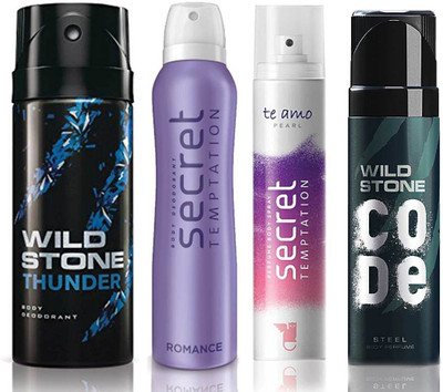 

Wild Stone Thunder Deodorant (150 ml), Code Steel Body Perfume(120 ml) and ST Romance Deodorant (150 ml), Te Amo Pearl Body Perfume (120 ml), Pack of 4 Perfume Body Spray - For Men & Women(540 ml, Pack of 4)