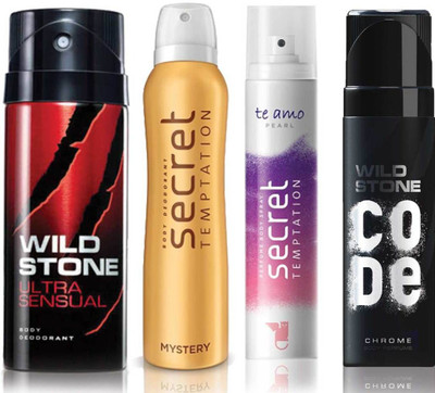 

Wild Stone Ultra Sensual Deodorant (150 ml), Code Chrome Body Perfume(120 ml) and ST Mystery Deodorant (150 ml), Te Amo Pearl Body Perfume (120 ml), Pack of 4 Perfume Body Spray - For Men & Women(540 ml, Pack of 4)