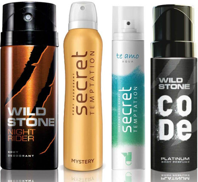 

Wild Stone Night Rider Deodorant (150 ml), Code Platinum Body Perfume(120 ml) and ST Mystery Deodorant (150 ml), Te Amo Aqua Body Perfume (120 ml), Pack of 4 Perfume Body Spray - For Men & Women(540 ml, Pack of 4)
