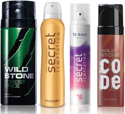 

Wild Stone Forest Spice Deodorant (150 ml), Code Copper Perfume(120 ml) and ST Mystery Deodorant (150 ml), Te Amo Pearl Body Perfume (120 ml), Pack of 4 Perfume Body Spray - For Men & Women(540 ml, Pack of 4)