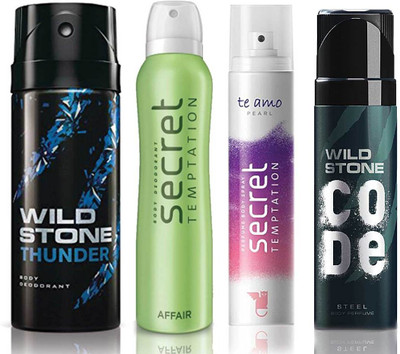 

Wild Stone Thunder Deodorant (150 ml), Code Steel Body Perfume(120 ml) and ST Affair Deodorant (150 ml), Te Amo Pearl Body Perfume (120 ml), Pack of 4 Perfume Body Spray - For Men & Women(540 ml, Pack of 4)