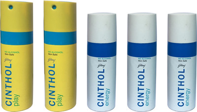 

CINTHOL 2 PLAY AND 3 ENERGY (PACK OF 5) Body Spray - For Men & Women(150 ml, Pack of 5)