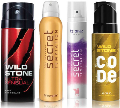 

Wild Stone Ultra Sensual Deodorant (150 ml), Code Gold Body Perfume(120 ml) and ST Mystery Deodorant (150 ml), Te Amo Pearl Body Perfume (120 ml), Pack of 4 Perfume Body Spray - For Men & Women(540 ml, Pack of 4)
