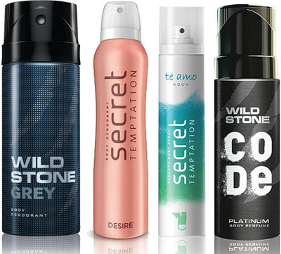 

Wild Stone Grey Deodorant (150 ml), Code Platinum Body Perfume(120 ml) and ST Desire Deodorant (150 ml), Te Amo Aqua Body Perfume (120 ml), Pack of 4 Perfume Body Spray - For Men & Women(540 ml, Pack of 4)