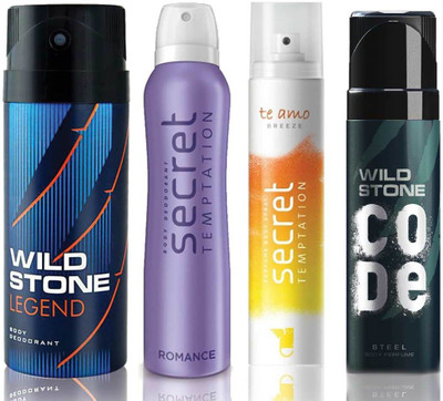 

Wild Stone Legend Deodorant (150 ml), Code Steel Body Perfume(120 ml) and ST Romance Deodorant (150 ml), Te Amo Breeze Body Perfume (120 ml), Pack of 4 Perfume Body Spray - For Men & Women(540 ml, Pack of 4)