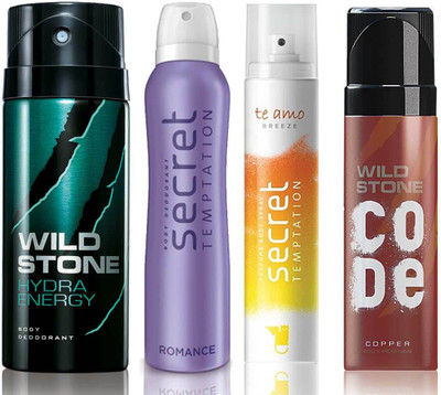 

Wild Stone Hydra Energy Deodorant (150 ml), Code Copper Perfume(120 ml) and ST Romance Deodorant (150 ml), Te Amo Breeze Body Perfume (120 ml), Pack of 4 Perfume Body Spray - For Men & Women(540 ml, Pack of 4)
