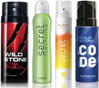 

Wild Stone Ultra Sensual Deodorant (150 ml), Code Titanium Body Perfume(120 ml) and ST Affair Deodorant (150 ml), Te Amo Breeze Body Perfume (120 ml), Pack of 4 Perfume Body Spray - For Men & Women(540 ml, Pack of 4)