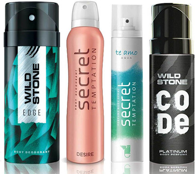 

Wild Stone Edge Deodorant (150 ml), Code Platinum Body Perfume(120 ml) and ST Desire Deodorant (150 ml), Te Amo Aqua Body Perfume (120 ml), Pack of 4 Perfume Body Spray - For Men & Women(540 ml, Pack of 4)