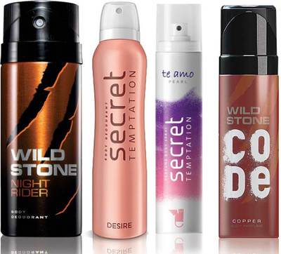 

Wild Stone Night Rider Deodorant (150 ml), Code Copper Perfume(120 ml) and ST Desire Deodorant (150 ml), Te Amo Pearl Body Perfume (120 ml), Pack of 4 Perfume Body Spray - For Men & Women(540 ml, Pack of 4)