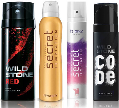 

Wild Stone Red Deodorant (150 ml), Code Chrome Body Perfume(120 ml) and ST Mystery Deodorant (150 ml), Te Amo Pearl Body Perfume (120 ml), Pack of 4 Perfume Body Spray - For Men & Women(540 ml, Pack of 4)