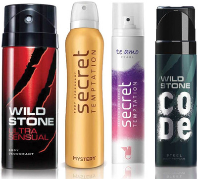 

Wild Stone Ultra Sensual Deodorant (150 ml), Code Steel Body Perfume(120 ml) and ST Mystery Deodorant (150 ml), Te Amo Pearl Body Perfume (120 ml), Pack of 4 Perfume Body Spray - For Men & Women(540 ml, Pack of 4)