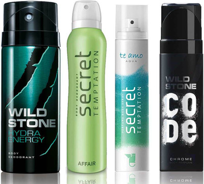 

Wild Stone Hydra Energy Deodorant (150 ml), Code Chrome Body Perfume(120 ml) and ST Affair Deodorant (150 ml), Te Amo Aqua Body Perfume (120 ml), Pack of 4 Perfume Body Spray - For Men & Women(540 ml, Pack of 4)
