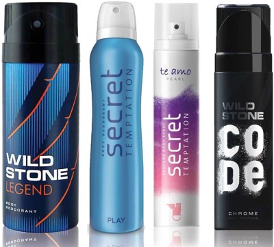 

Wild Stone Legend Deodorant (150 ml), Code Chrome Body Perfume(120 ml) and ST Play Deodorant (150 ml), Te Amo Pearl Body Perfume (120 ml), Pack of 4 Perfume Body Spray - For Men & Women(540 ml, Pack of 4)