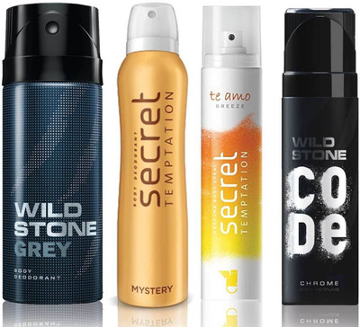 

Wild Stone Grey Deodorant (150 ml), Code Chrome Body Perfume(120 ml) and ST Mystery Deodorant (150 ml), Te Amo Breeze Body Perfume (120 ml), Pack of 4 Perfume Body Spray - For Men & Women(540 ml, Pack of 4)