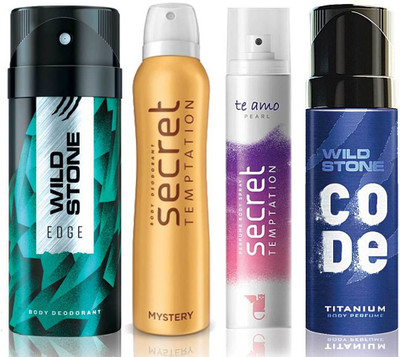 

Wild Stone Edge Deodorant (150 ml), Code Titanium Body Perfume(120 ml) and ST Mystery Deodorant (150 ml), Te Amo Pearl Body Perfume (120 ml), Pack of 4 Perfume Body Spray - For Men & Women(540 ml, Pack of 4)