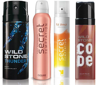 

Wild Stone Thunder Deodorant (150 ml), Code Copper Perfume(120 ml) and ST Desire Deodorant (150 ml), Te Amo Breeze Body Perfume (120 ml), Pack of 4 Perfume Body Spray - For Men & Women(540 ml, Pack of 4)