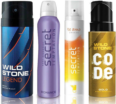 

Wild Stone Legend Deodorant (150 ml), Code Gold Body Perfume(120 ml) and ST Romance Deodorant (150 ml), Te Amo Breeze Body Perfume (120 ml), Pack of 4 Perfume Body Spray - For Men & Women(540 ml, Pack of 4)