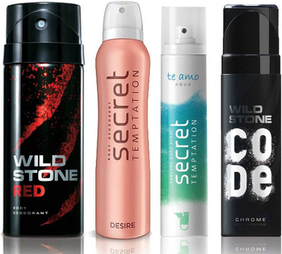 

Wild Stone Red Deodorant (150 ml), Code Chrome Body Perfume(120 ml) and ST Desire Deodorant (150 ml), Te Amo Aqua Body Perfume (120 ml), Pack of 4 Perfume Body Spray - For Men & Women(540 ml, Pack of 4)