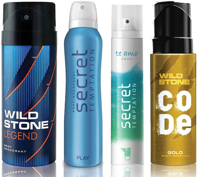 

Wild Stone Legend Deodorant (150 ml), Code Gold Body Perfume(120 ml) and ST Play Deodorant (150 ml), Te Amo Aqua Body Perfume (120 ml), Pack of 4 Perfume Body Spray - For Men & Women(540 ml, Pack of 4)