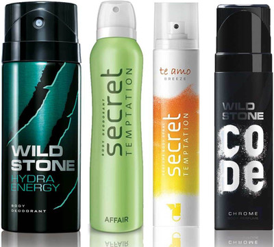 

Wild Stone Hydra Energy Deodorant (150 ml), Code Chrome Body Perfume(120 ml) and ST Affair Deodorant (150 ml), Te Amo Breeze Body Perfume (120 ml), Pack of 4 Perfume Body Spray - For Men & Women(540 ml, Pack of 4)