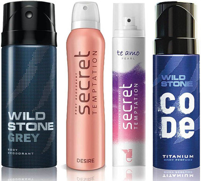 

Wild Stone Grey Deodorant (150 ml), Code Titanium Body Perfume(120 ml) and ST Desire Deodorant (150 ml), Te Amo Pearl Body Perfume (120 ml), Pack of 4 Perfume Body Spray - For Men & Women(540 ml, Pack of 4)