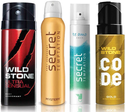

Wild Stone Ultra Sensual Deodorant (150 ml), Code Gold Body Perfume(120 ml) and ST Mystery Deodorant (150 ml), Te Amo Aqua Body Perfume (120 ml), Pack of 4 Perfume Body Spray - For Men & Women(540 ml, Pack of 4)