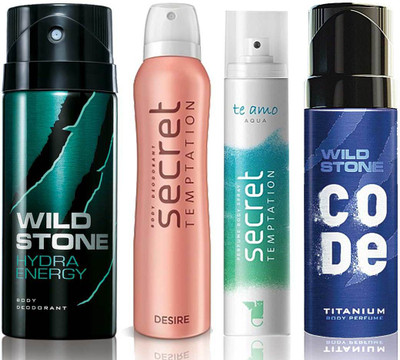 

Wild Stone Hydra Energy Deodorant (150 ml), Code Titanium Body Perfume(120 ml) and ST Desire Deodorant (150 ml), Te Amo Aqua Body Perfume (120 ml), Pack of 4 Perfume Body Spray - For Men & Women(540 ml, Pack of 4)