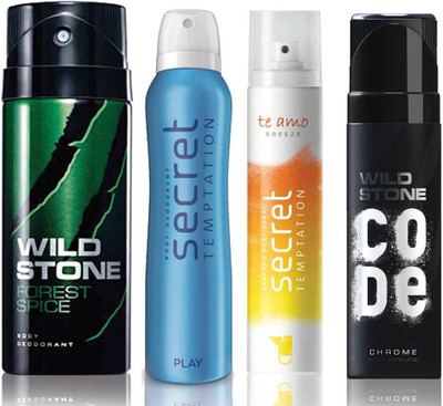 

Wild Stone Forest Spice Deodorant (150 ml), Code Chrome Body Perfume(120 ml) and ST Play Deodorant (150 ml), Te Amo Breeze Body Perfume (120 ml), Pack of 4 Perfume Body Spray - For Men & Women(540 ml, Pack of 4)
