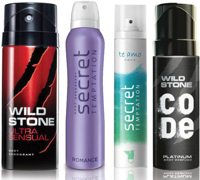

Wild Stone Ultra Sensual Deodorant (150 ml), Code Platinum Body Perfume(120 ml) and ST Romance Deodorant (150 ml), Te Amo Aqua Body Perfume (120 ml), Pack of 4 Perfume Body Spray - For Men & Women(540 ml, Pack of 4)