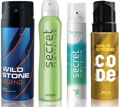 

Wild Stone Legend Deodorant (150 ml), Code Gold Body Perfume(120 ml) and ST Affair Deodorant (150 ml), Te Amo Aqua Body Perfume (120 ml), Pack of 4 Perfume Body Spray - For Men & Women(540 ml, Pack of 4)