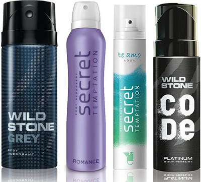 

Wild Stone Grey Deodorant (150 ml), Code Platinum Body Perfume(120 ml) and ST Romance Deodorant (150 ml), Te Amo Aqua Body Perfume (120 ml), Pack of 4 Perfume Body Spray - For Men & Women(540 ml, Pack of 4)