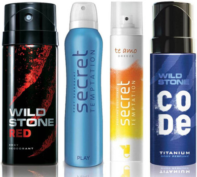 

Wild Stone Red Deodorant (150 ml), Code Titanium Body Perfume(120 ml) and ST Play Deodorant (150 ml), Te Amo Breeze Body Perfume (120 ml), Pack of 4 Perfume Body Spray - For Men & Women(540 ml, Pack of 4)