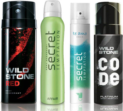 

Wild Stone Red Deodorant (150 ml), Code Platinum Body Perfume(120 ml) and ST Affair Deodorant (150 ml), Te Amo Aqua Body Perfume (120 ml), Pack of 4 Perfume Body Spray - For Men & Women(540 ml, Pack of 4)