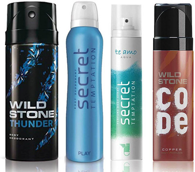 Wild Stone Thunder Deodorant (150 ml), Code Copper Perfume(120 ml) and ST Play Deodorant (150 ml), Te Amo Aqua Body Perfume (120 ml), Pack of 4 Perfume Body Spray - For Men & Women(540 ml, Pack of 4)