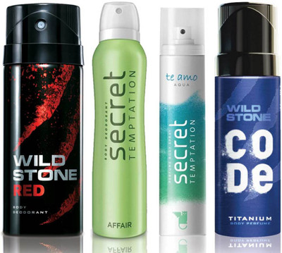 

Wild Stone Red Deodorant (150 ml), Code Titanium Body Perfume(120 ml) and ST Affair Deodorant (150 ml), Te Amo Aqua Body Perfume (120 ml), Pack of 4 Perfume Body Spray - For Men & Women(540 ml, Pack of 4)