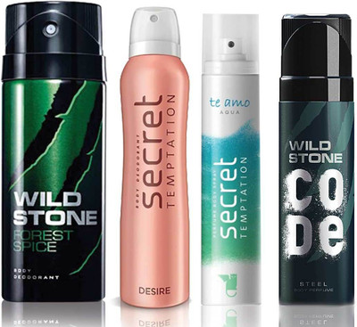 

Wild Stone Forest Spice Deodorant (150 ml), Code Steel Body Perfume(120 ml) and ST Desire Deodorant (150 ml), Te Amo Aqua Body Perfume (120 ml), Pack of 4 Perfume Body Spray - For Men & Women(540 ml, Pack of 4)