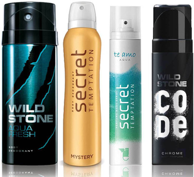 

Wild Stone Aqua Fresh Deodorant (150 ml), Code Chrome Body Perfume(120 ml) and ST Mystery Deodorant (150 ml), Te Amo Aqua Body Perfume (120 ml), Pack of 4 Perfume Body Spray - For Men & Women(540 ml, Pack of 4)