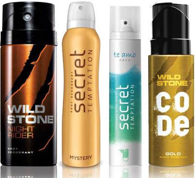 

Wild Stone Night Rider Deodorant (150 ml), Code Gold Body Perfume(120 ml) and ST Mystery Deodorant (150 ml), Te Amo Aqua Body Perfume (120 ml), Pack of 4 Perfume Body Spray - For Men & Women(540 ml, Pack of 4)