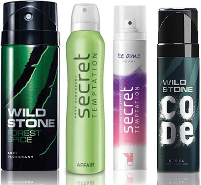 

Wild Stone Forest Spice Deodorant (150 ml), Code Steel Body Perfume(120 ml) and ST Affair Deodorant (150 ml), Te Amo Pearl Body Perfume (120 ml), Pack of 4 Perfume Body Spray - For Men & Women(540 ml, Pack of 4)