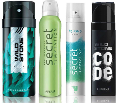 

Wild Stone Edge Deodorant (150 ml), Code Chrome Body Perfume(120 ml) and ST Affair Deodorant (150 ml), Te Amo Aqua Body Perfume (120 ml), Pack of 4 Perfume Body Spray - For Men & Women(540 ml, Pack of 4)